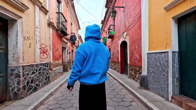 Traveler exploring the historic narrow streets of Potos&iacute;, Bolivia.