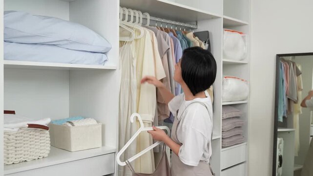 Housewife homemaker woman in apron carefully organizing and putting clothes outfit into wardrobe, meticulously folding and arranging garments on for tidy, cleanliness and efficient storage