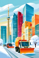 Obraz premium Autonomous snowplow trucks clearing winter city streets beside Toronto skyline and modern skyscrapers