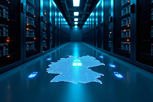 Digital data protection and cybersecurity concept with glowing data servers and secure network system illustrating Germany map with padlocks