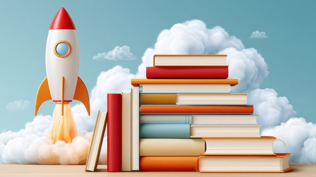 Education rocket launching beside stacked books on clouds symbolizing learning and imagination