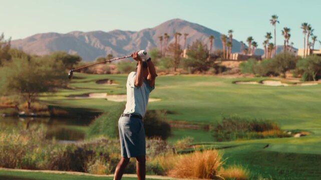 African American golfer taking practice swing on beautiful desert mountain golf course in slow motion preparing for tee shot