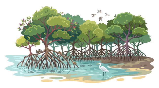 Mangrove forest ecosystem with coastal birds and marine life