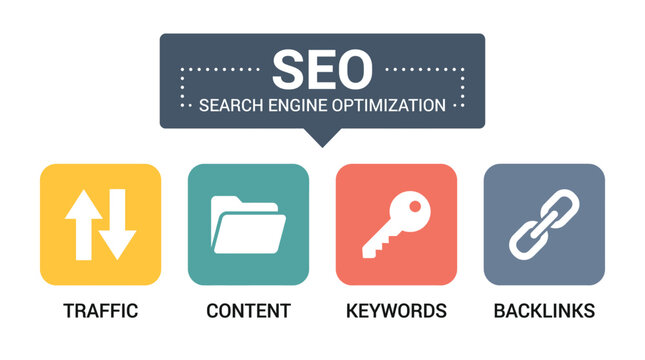 SEO search engine optimization infographic with icons for traffic content keywords and backlinks