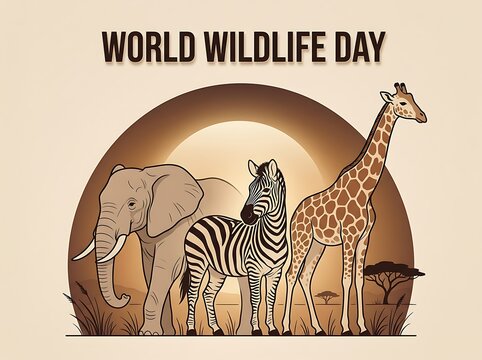 Colorful illustration of elephant zebra and giraffe celebrating world wildlife day in nature setting