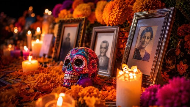 Day of the Dead Altar With Skull Candles and Portraits
