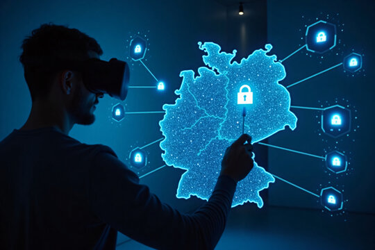 Man using virtual reality headset to interact with digital hologram of Germany map with cybersecurity locks and network protection concept