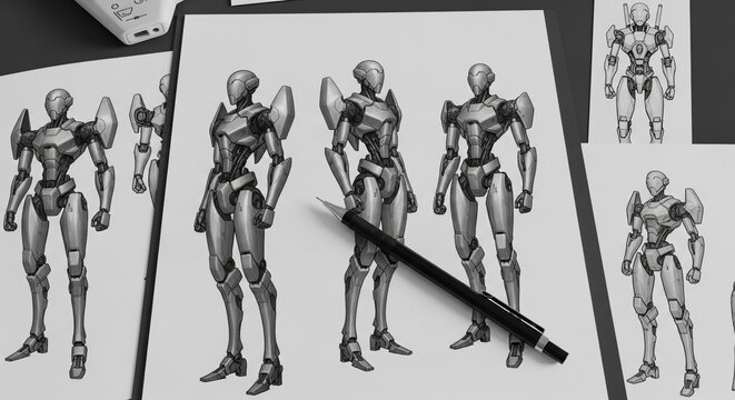 Top view of futuristic robot concept art drawings on white paper with a mechanical pencil in a design studio.