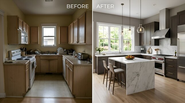 Kitchen renovation before and after: drab to luxurious. Modern island, marble counters.