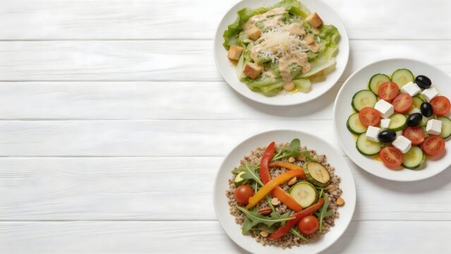 Assorted fresh salads on white wooden background