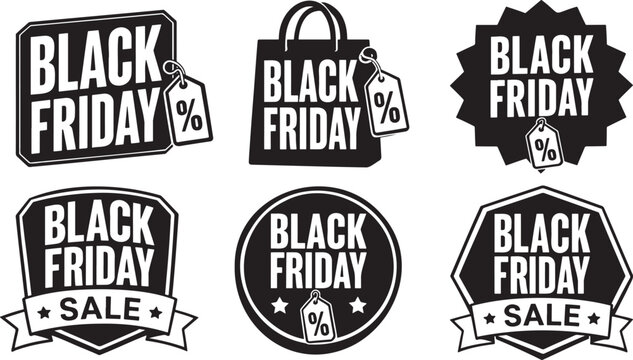 Set of six black friday sale tags and shopping symbols on transparent background