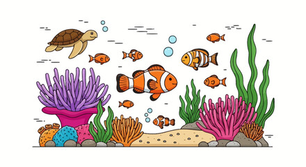 Vibrant coral reef scene with sea turtle and clownfish © deril