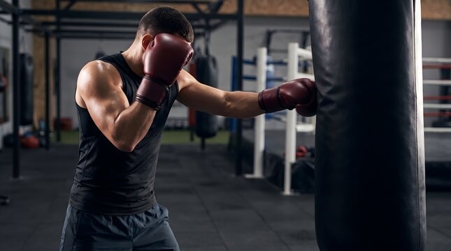 Man punching heavy bag in boxing gym