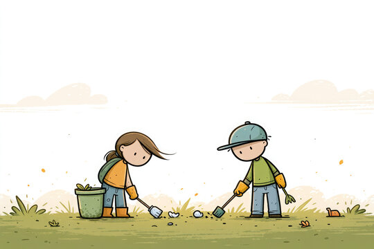 Two Children Picking Up Litter with Grabber Tools
