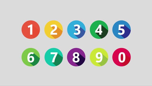Number set from zero to nine on colorful circle with shadow. colorful circles and numbers. numbers symbols with long shadow. number digit vector icon with colorful circle. set of 1-9.