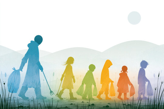 Silhouettes of Family Walking with Cleanup Tools and Bags