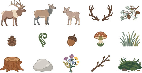 Obraz premium Collection of cute, flat-style Scandinavian forest elements including elk, pinecone, mushroom, and wildflowers.