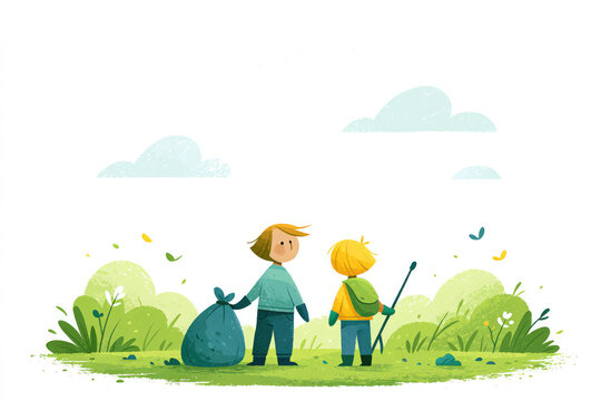 Two Kids Standing Beside Trash Bag with Litter Picker