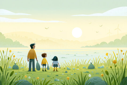 Family Collecting Litter by Lakeside at Sunset