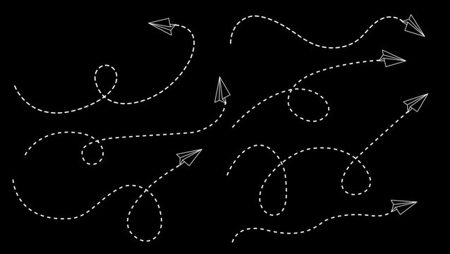 Simgle paper plane with dotted line. paper airplane routes. one paper airplane doodle. travel path. travel sign. vector illustration 4k video animation.