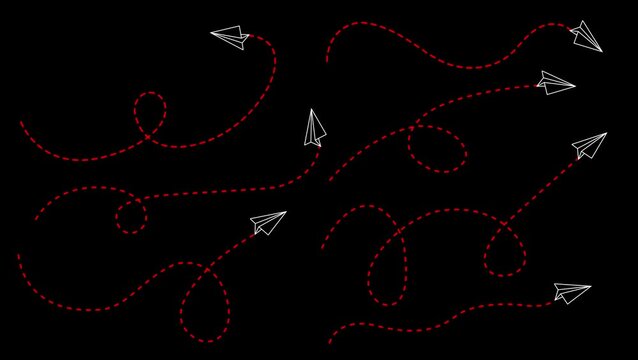Paper plane with dotted line. paper airplane routes. paper airplane doodle. travel path. travel symbol. vector illustration 4k video animation.