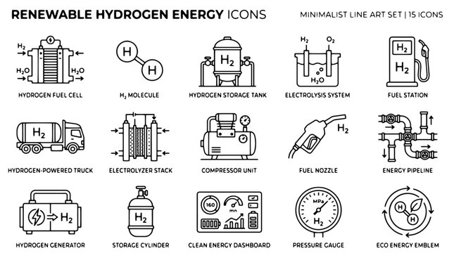 Renewable hydrogen energy icons, minimalist line art set of 15 vector elements, sustainable green fuel technology and clean energy infrastructure