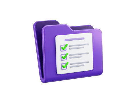 3d render of a purple folder with a checklist document isolated on transparent background