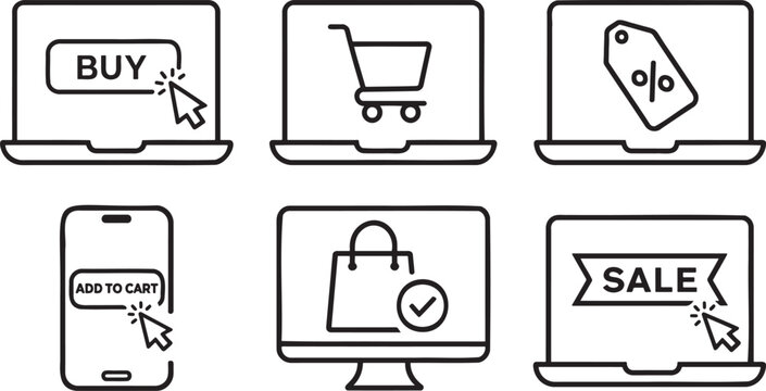Set of six e-commerce shopping with transparent background, buy, cart, checkout ecommerce