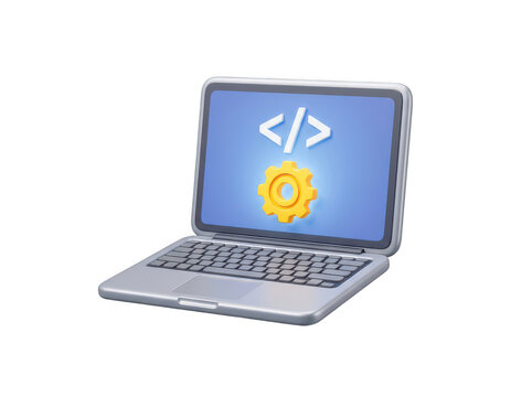 3d laptop with coding symbol and gear icon isolated on transparent background