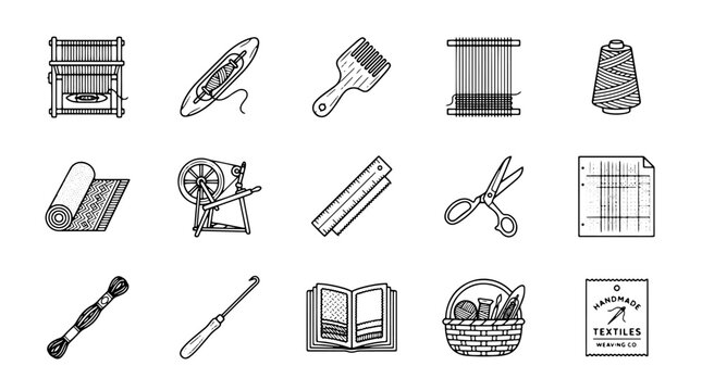 Minimalist weaving and textile craft icons, set of 15 line art vector elements, handmade fabric production tools, spinning wheel and loom equipment