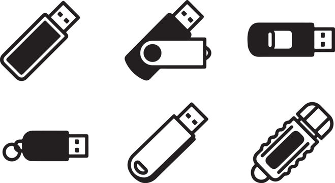 Six different usb flash drive icons in black and white Vector