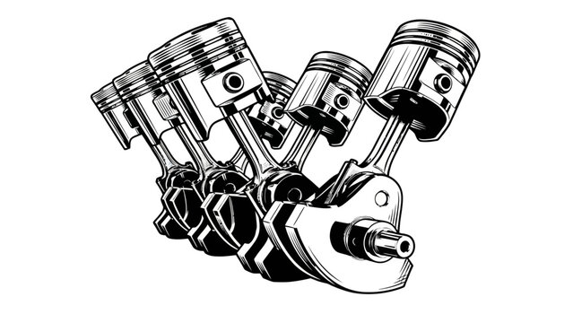 vector illustration of a V8 engine assembly showing pistons rods and crankshaft mechanism.