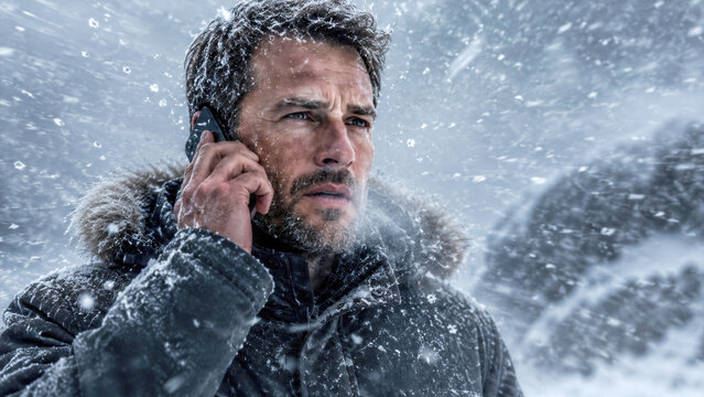 Man talking on a smartphone in a whiteout blizzard with frozen snowflakes and warm clear face texture
