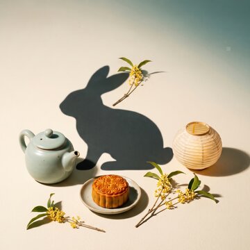 Mid Autumn Festival mooncake with rabbit shadow, teapot and lantern