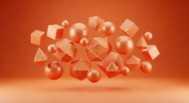 Floating Orange Geometric Shapes in Abstract Composition.