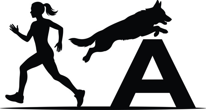 Active woman handler running alongside german shepherd dog jumping over aframe obstacle during canine agility competition vector