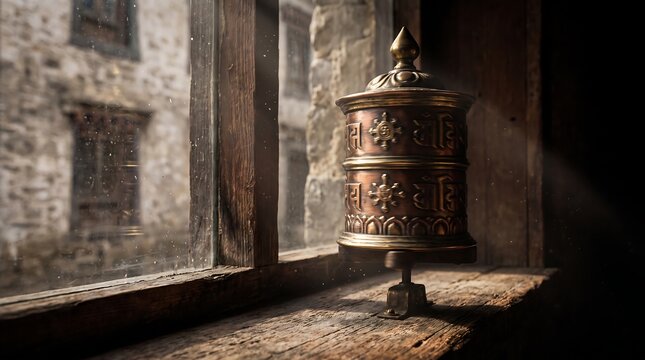 Traditional Tibetan prayer wheel resting on a rustic wooden windowsill with soft sunlight.