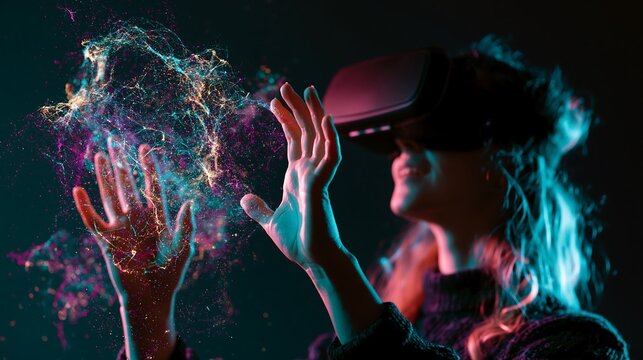 Woman using virtual reality headset interacting with glowing digital