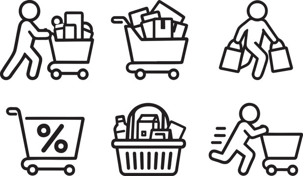 Shopping, discounts, and retail concepts with people pushing carts, running with bags, on transparent background