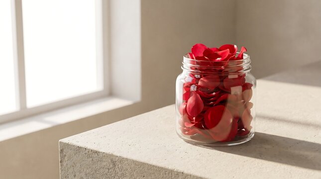 A small glass jar filled with vibrant red rose petals sitting on a stone surface.