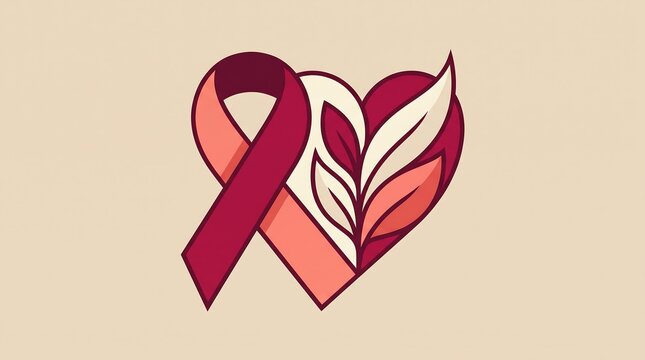 Stylized heart symbol combined with a cancer awareness ribbon and botanical leaves illustration.