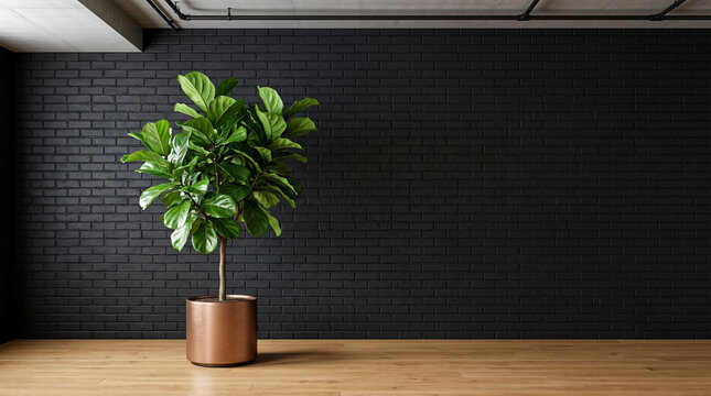 Lush green plant in brown pot on wooden floor against dark gray brick wall in minimalist room with natural light