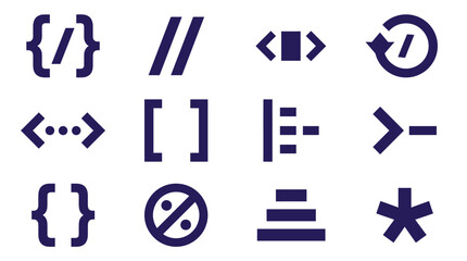 Set of dark blue programming language syntax symbols and software development icons for coding web design and digital UI interface © arjunaa.art