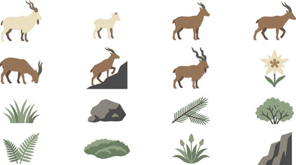 Obraz premium Collection of flat vector illustrations of ibex goats, rocky mountain landscapes, and alpine plants for design
