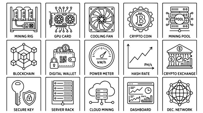 Cryptocurrency mining icons set, 15 blockchain technology line icons, digital currency and bitcoin farm vector symbols for fintech web design