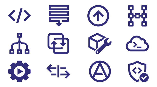 Set of diverse digital software development interface symbols featuring coding icons for website programming and application systems engineering web architecture