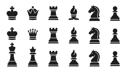 Vector Chess Piece Icon Set Including King Queen Rook Bishop Knight and Pawn in Three Different Silhouette Design Styles © arjunaa.art
