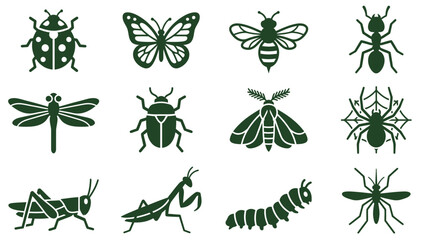 Collection of twelve green insect icons including butterfly beetle bee ant spider and dragonfly silhouettes for design projects © arjunaa.art