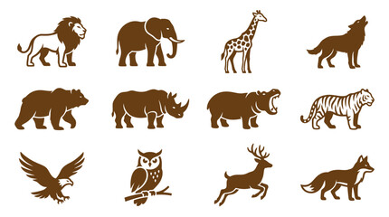 Obraz premium Collection of brown silhouette wild animal vector icons featuring diverse forest and safari creatures for creative design projects