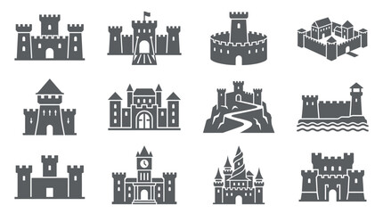 Set of twelve diverse grey fortress and medieval castle icons illustrating various architectural styles for fantasy game design © arjunaa.art